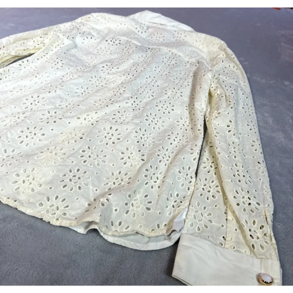 Tory Burch Blouse Womens Size 8 Off White Cream Top Eyelet Button Down Cuff Link